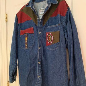 RARE VINTAGE Union Made Kansas Out Line Garmets Patchwork Denim button down